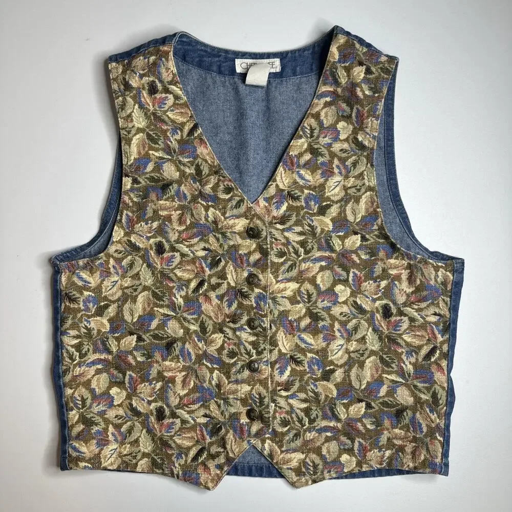 Vintage Cherokee Womans Denim VestAutumn Leaves Buttons USA Made Size Medium 90s
